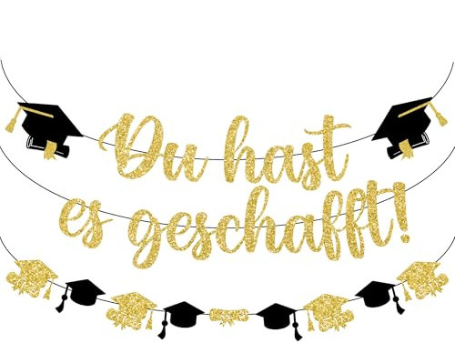 Xietaea 2 Stück Abschluss Deko Girlande - Gold Graduation Dekoration Du hast es geschafft Banner, Papier Gratulation Dekorationen für Abitur Bachelor Abschlussfeier (Einfädeln notwendig)