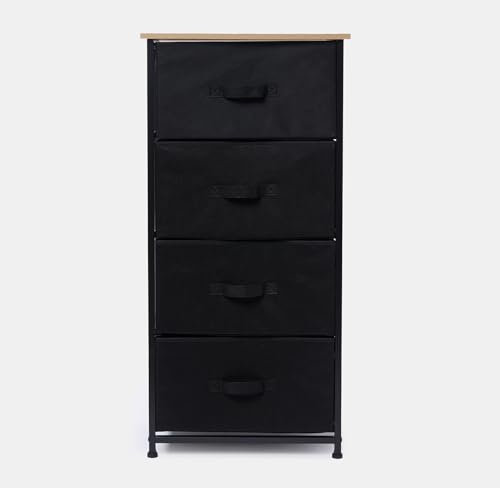 OHS Black Brooklyn 4 Canvas Drawers Fabric Cabinet Space-Saving Organiser For Clothes Books & Accessories Sturdy Frame 4 Chest of Drawers For Home Storage