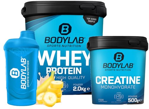 Bodylab24 Megadeal Basic Aufbau, Whey Protein Banane, Creatine Monohydrate + Shaker für Kraftsport und Fitness, kann den Aufbau und Erhalt von Muskelmasse unterstützen