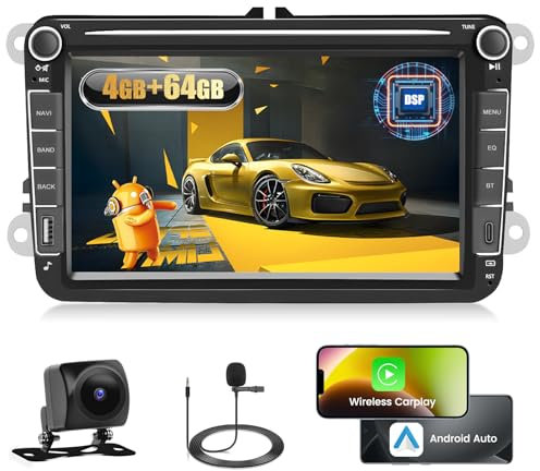 Fuluku 4+64G Carplay Android Radio para VW Golf 5 6 Passat Polo Tiguan Touran Skoda Caddy Seat Inalámbrico Android Auto, 8'' IPS Pantalla táctil Radio Coche Bluetooth/GPS/Backup Camera/FM/WiFi/SWC