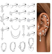 CASSIECA 21Pcs Orecchini Donna Acciaio Chirurgico Piercing Orecchio Argento Orecchini Anallergici Donna Piercing Helix Piercings Trago Conch Ipoallergenica Multi Piercings Orecchio Argento