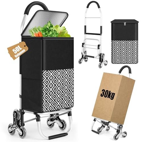 50Liter Einkaufstrolley Treppensteiger & Thermotasche Kühlfach, Shopping Trolley mit Treppenläufer, Moderner Einkaufswagen Faltbar, 6 Rädern Einkaufstasche, Einkaufskorb mit Rollen, Aluminium, Schwarz