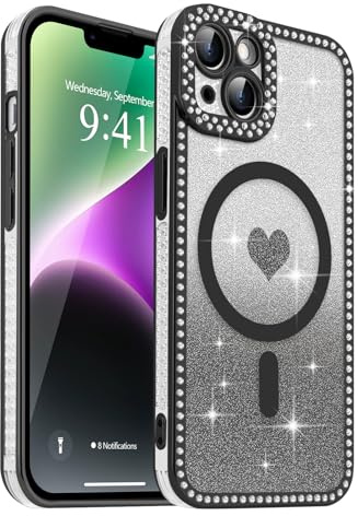 Urarssa Magnetic for iphone 13 Case Glitter, Black | Removable Sparkly Card Clear Case with Bling Diamonds for Women Girls, Fit for MagSafe, Glossy Soft TPU Shockproof Cover
