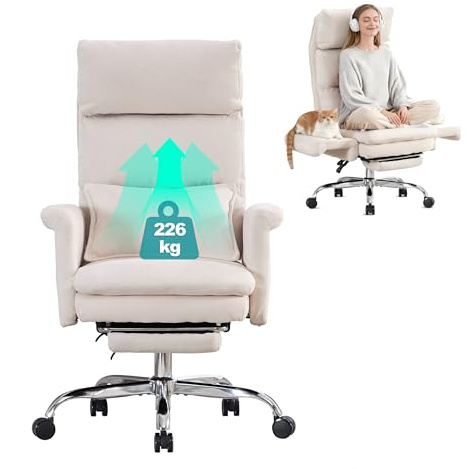 UEV Bürostuhl Ergonomisch mit Fußstütze bis 226kg,klappbare Armlehnen/Dicker Sitzpolsterung/Verstellbarer Kopfstütze,Schreibtischstuhl für schneidersitz,Computerstuhl Drehstuhl Home Office Beige