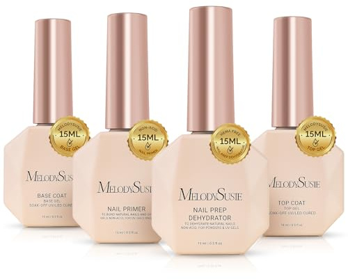 MelodySusie Top Coat Base Coat Nail Dehydrator and Primer Set Long Lasting Shine Nail Polish Art Design Manicure Kit Perfect Gifts for Women Girls 4 Pcs 15ml Clear