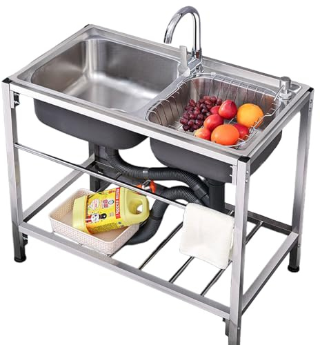 Edelstahl Küche Spültisch mit Wasserhähne, Outdoor Gewerbliche Spülbecken mit Lagerregal, Abfluss für Außen, Innen, Garage, Wäscherei, 83 * 44 * 85 CM