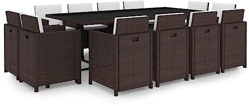 Holamys 13-TLG. Garten-Essgruppe Poly Rattan Braun, wetterfest, mit 12 Stühlen, Tisch & 24 Kissen, für Terrasse, Balkon, Essbereich, 225x109x74 cm