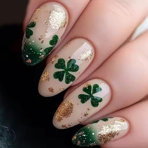 St. Patrick's Day Press on Nails Medium Almond Fake Nails Green Four-Leaf Clover False Nails Golden Glitter Acrylic Glue on Nails Stick on for Women Irish Holiday Manicure Decoration 24Pcs