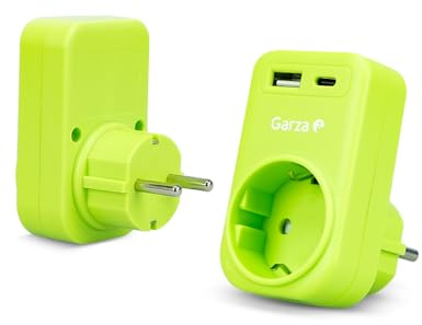Garza – 3-in-1-Steckeradapter mit 1 Schuko-Stecker + 1 USB-A QC3.0 + 1 USB-C PD20W, 20 W Schnellladung, Kindersicherung, 3680 W, tragbar und sicher – Grün