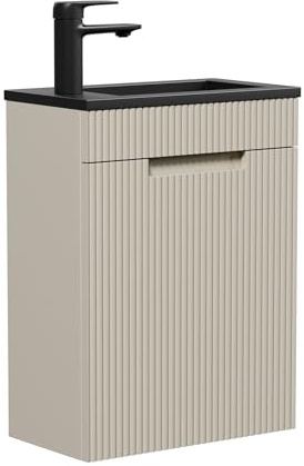 Badplaats Gäste-WC Waschtisch Set Thermis 40 x 22 cm Beige - Badmöbel Set mit Schwarzem Waschbecken und Unterschrank, Vormontiert und mit Soft-Close