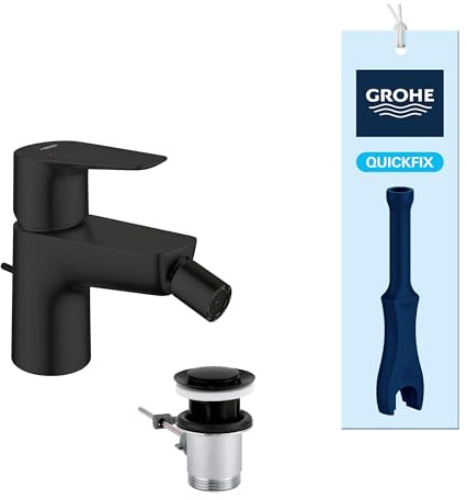 GROHE StartEdge, Bidetarmatur, wassersparend (WC Dusche für die Toilette im Bad, Kugelgelenk-Mousseur, mit Zugstangen-Ablauf, 13cm hoch, inkl 3in1 Tool, einfache Installation), mattschwarz, 233452431