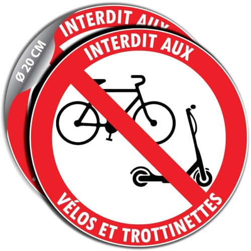 2 stickers Ø 20 cm INTERDIT AUX VÉLOS ET TROTTINETTES P105 autocollant | Étiquettes autocollantes rondes de signalisation en vinyle adhésif d'interdiction de vélo et trottinette