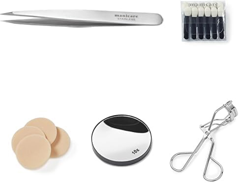 Manicare Beauty Set: Punktpinzette Edelstahl, Wimpernzange, 10x Spiegel, Make-up Applikatoren & Puderpuffs – Präzision für Augenbrauen, Wimpern & Make-up, Kosmetik Zubehör Set