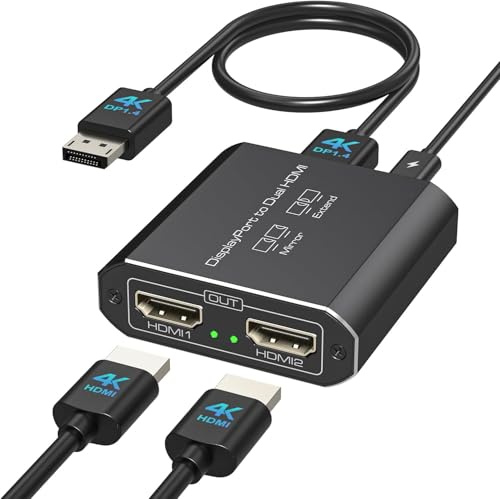 JCYMELE 4K@60Hz Displayport to Dual HDMI Adapter Display Port to 2 HDMI Splitter Extended for Double Screen DP 1.4 for Computer Graphics Cards Support MST & SST Mode