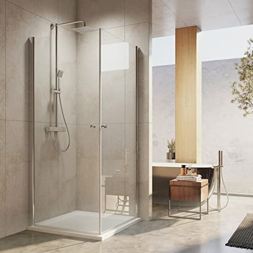 EMKE Duschkabine 90 x 90 Eckeinstieg Duschabtrennung Glas Doppelt Schwingtür Duschtür Nische Pendeltür Duschwand für Dusche Duschkabinen Dusche Falttür 185cm