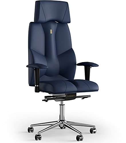 KULIK SYSTEM Business Ergonomischer Bürostuhl - Hochwertiger Schreibtischstuhl & Chefsessel aus EKO-Leder - Design-Ziernähte - 15-fache Kopfstützenverstellung - Blau