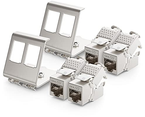 deleyCON 4X CAT6a Keystone Jack Modul mit 2X 2-Port Hutschienenadapter als Set Metall STP Schirmung RJ45 Buchse 10 Gbit/s Netzwerk Snap-In Montage für 35mm Hutschienen