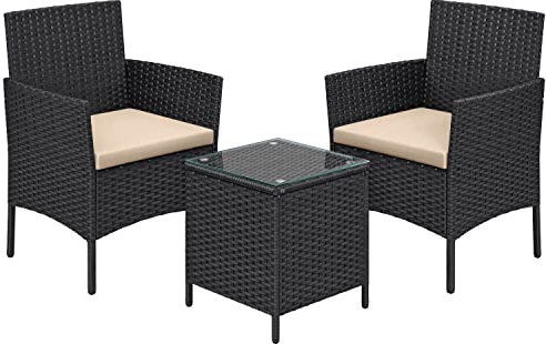 SONGMICS Balkonmöbel, Gartenmöbel-Set, aus PE-Polyrattan, Lounge-Set, Tisch und 2 Stühle, Terrassenmöbel, Outdoor, für Terrasse, Balkon, Garten, schwarz-Taupe GGF003B01