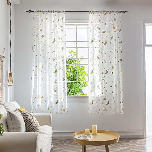 BOYOUTH Lot de 2 panneaux de voilage transparents à motif étoiles et lune pour décoration de fenêtre, rideaux avec passe-tringle pour chambre à coucher, bureau, salon, doré, 99 x 130 cm