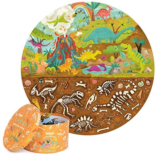 boppi Dinosaurier Rundes Puzzle aus 100% recyceltem Karton, T-rex Stegosaurus und Triceratops Fossilien 150 Teile für Kinder 3 4 5 6 7 8 Jahre, 58cm Durchmesser