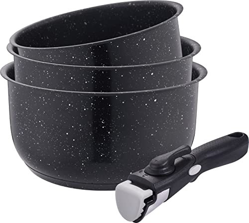 Kamberg - Batterie 3 casseroles inox 16/18/20 cm - Revêtement pierre - Manche Amovible - Tous Feux dont Induction - Sans PFOA - 0008134, Noire