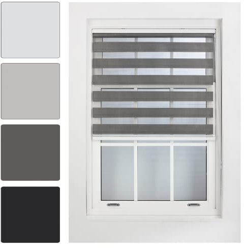 FURNISHED Day and Night Roller Blinds - Zebra Blind Dim or Translucent Vision Roller Shades for Windows and Doors - Dual Layer Fabric, Dark Grey, 170W x 165H cm