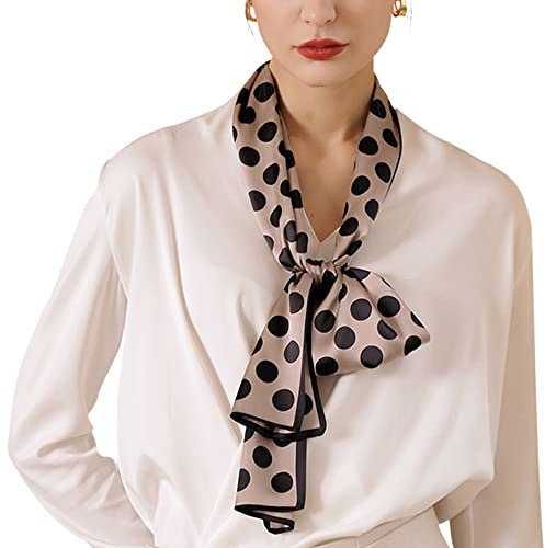 Camilife Damen Mädchen Kunstseide Langer Schmaler Schal Halstuch Elegant Krawatte Schal Haarband Haarschmuck Gürtel 15×150cm - Gepunktet Kaffee