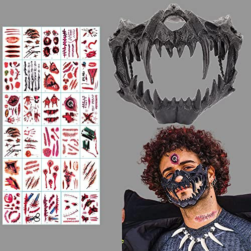 ZELAITE Tier Skelett Maske Halloween, Harz Hund Schädel Knochen Zähne Scary Horror Devil Wolf Werwolf Maske Halbmaske für Karneval Fasching Kostüm Halloween Maske Skelett kinnlos (C)