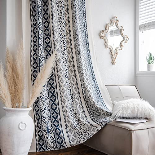 VOGOL Country Strip Printed Curtains, Bohemian Style Privacy Window Treatment with Rod Pocket for Living Room, 1 Panel 59 x 79 Inches, Navy Blue & Beige