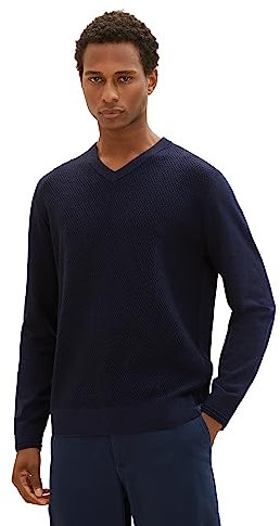 Jersey de punto acogedor de hombre TOM TAILOR con cuello de pico, Azul (13160-Melange azul marino de punto), XXXL