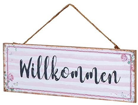 Willkommen Türschild 30x10cm Rosa Weiß Wandschild MDF Holz Holzschild Schild Wanddeko Deko