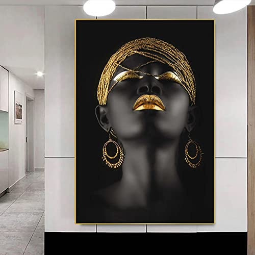 Wandbilder Wohnzimmer Schwarz Goldene Frau Abstrakte Kunst Bilder Gold Afrikanische Frauen Leinwand Bilder Wandkunst Leinwand Bilder - Ohne Rahmen (Frau A,60x120cm)