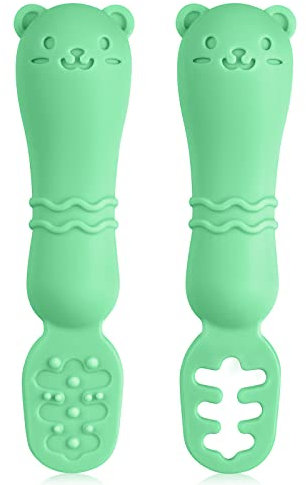 Vicloon Lernlöffel für Baby,2 Stück Babylöffel Silikon,Starter Breilöffel,BPA Frei,Fütterlöffel und Zahnungshilfe,Baby Lernlöffel Set für Baby Led Weaning-BärenformGrün