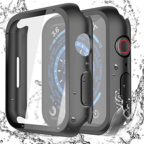 Misxi Schwarz Wasserdichtes Hülle mit Gehärtetem Glas Displayschutz für Apple Watch Series 9 Series 8 Series 7 45mm, HD Ultradünne Stoßfeste Vollschutz PC Schutzhülle für iWatch, 2-Stück