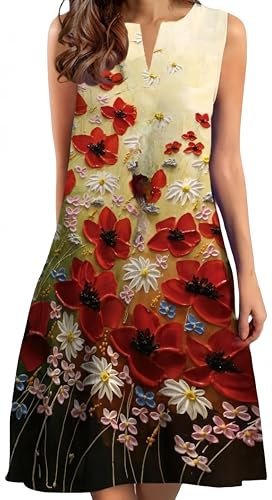 Ocean Plus Femme Robe d'été Mi-Longue Décontractée Col en V sans Manches Grande Taille (L, Peinture à l’Huile Rouge)