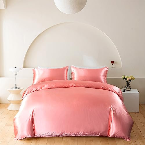 Wotcsil Ensemble de Housse de Couette en Satin de Soie 230x260 Rose - Parure de Lit Unie Luxueuse en Polyester Satiné Brillant