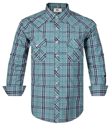 Coevals Club Chemise Homme Manches Longues Casual Boutons-Pression Unis Costume à Carreaux Regular Fit décontractée à Boutons Bas Hommes Chemise d'affaires à Repassage Facile(Green Plaid #40 2XL)