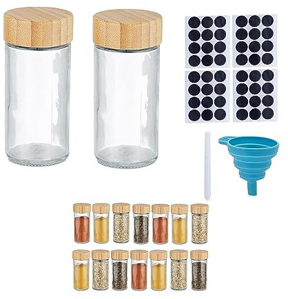 Relaxdays Gewürzgläser 16er Set, Streueinsatz, Gewürzdosen mit Etiketten, HxD: 9,5 x 4,5 cm, Bambus, transparent/Natur, Glas, Silikon