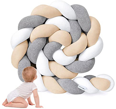 PTKG Bettschlange Geflochten Bettkantenschutz Baby Nestchen Umrandungen Bettrolle Stillkissen, Geflochten Bettschlange Nestchen Babybett Knotenkissen,White Grey Khaki,4m