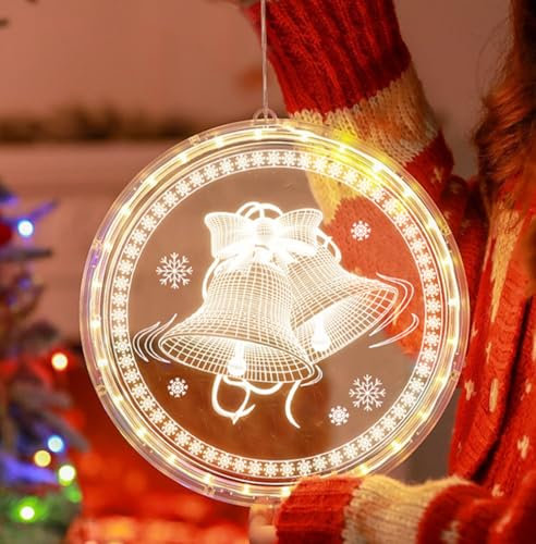 Aoreun Weihnachten Dekorative Fenster Licht,Hängend Fensterlicht Batteriebetriebene 3D Hängende Lichterkette Weihnachtsdeko Lichter Weihnachtsbeleuchtung Hängend Fenster - Glocken Gold