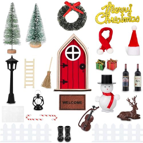 BGTLJKD Wichteltür Zubehör Weihnachten Set,Weihnachtsdeko Elfentür,27 Stück Miniatur Wichtelhaus Weihnachtsdeko Zäun,Stiefel,Leiter,Öllampe usw,Weihnachtswichtel zubehör Set für Kinder Geschenke