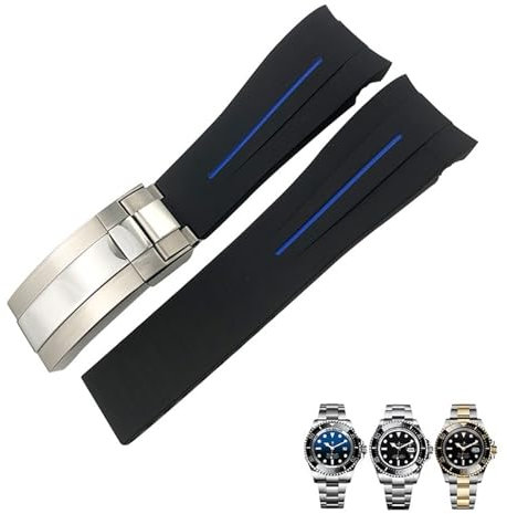 MURVE 21mm Silikon Gummi Uhr Band Ersatz für Rolex DEEPSEA Sea-Dweller 126660 Blau Schwarz Tauchen Sport Strap Kostenlose Werkzeuge, 21 mm, Achat