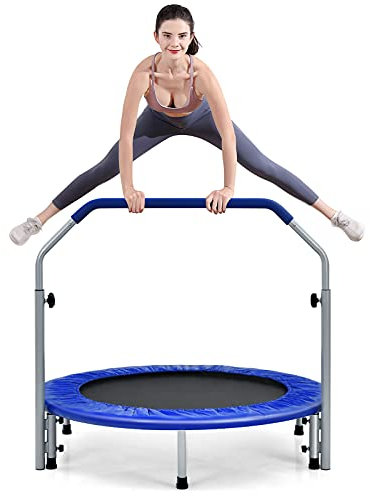 COSTWAY 40 Mini Trampoline, Foldable Fitness Bouncer with 4-Level Adjustable Foam Handle and Safety Padded Cover, Indoor Outdoor Exercise Rebounder Workout for Kids & Adults (Blue)
