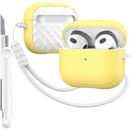 MHYALUDO-Hülle kompatibel mit AirPods 3 Generation mit Reinigungsset, vollständiger Fallschutz mit Trageband, Farbe,Jugendliches Macaron, kompatibel mit Airpods 3-Ladehülle, Gelb/Weiß