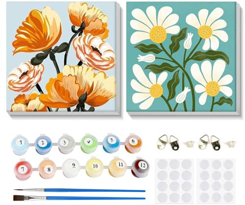 MOGTAA 2 Pack Flores Pintar con Numeros con Marco, Kit Pintar por Numeros para Adultos Niños, Equipo De Bricolaje Acrílica Al Óleo Pintura para decoración del hogar 20x20cm