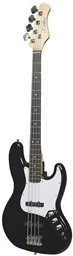 Basse électrique Woodbrass JB100 Noire - Guitare basse polyvalente idéale pour débuter - Corps forme JB Tilleul Américain Touche érable - Style rock, pop, funk, country, hard, metal