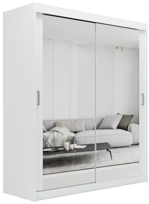 ELUKS SKY Double Sliding Doors Wardrobe with Mirror Drawers Furniture for Bedroom Living Room and Hall Wardrobe Organizer Width 100cm/120cm/150cm/180cm/200cm (White, 120cm+ 2 drawers)