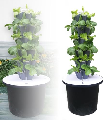 0XBIT Hydrokulturturm, Tower Garden Hydroponik-Anbausystem, Hydrokultur-Anbausets, 6 Schichten 30 Töpfe, für Innen-/Außenkräuter, Obst, Gemüse, vertikales Anbausystem, Grau