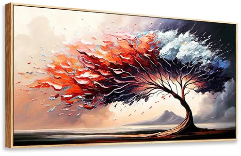 MHARTK66 Cadre Decoration Murale Bois, Moderne Abstrait Impression sur Toile, 50x100 cm Grand Tableau Decoration Murale Chambre Arbre de Vie Rouge, Décoration de Salon Bureau Salle De Bain