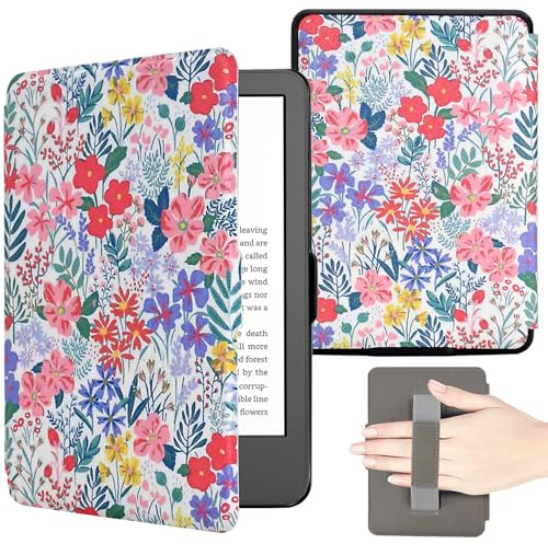 KEROM Case for 6.8 Kindle Paperwhite (11th Generation, 2021) and Kindle Paperwhite Signature Edition, PU Leather Protective Cover Case with Hand Strap, Card Slot, and Auto Sleep/Wake - Pink Floral